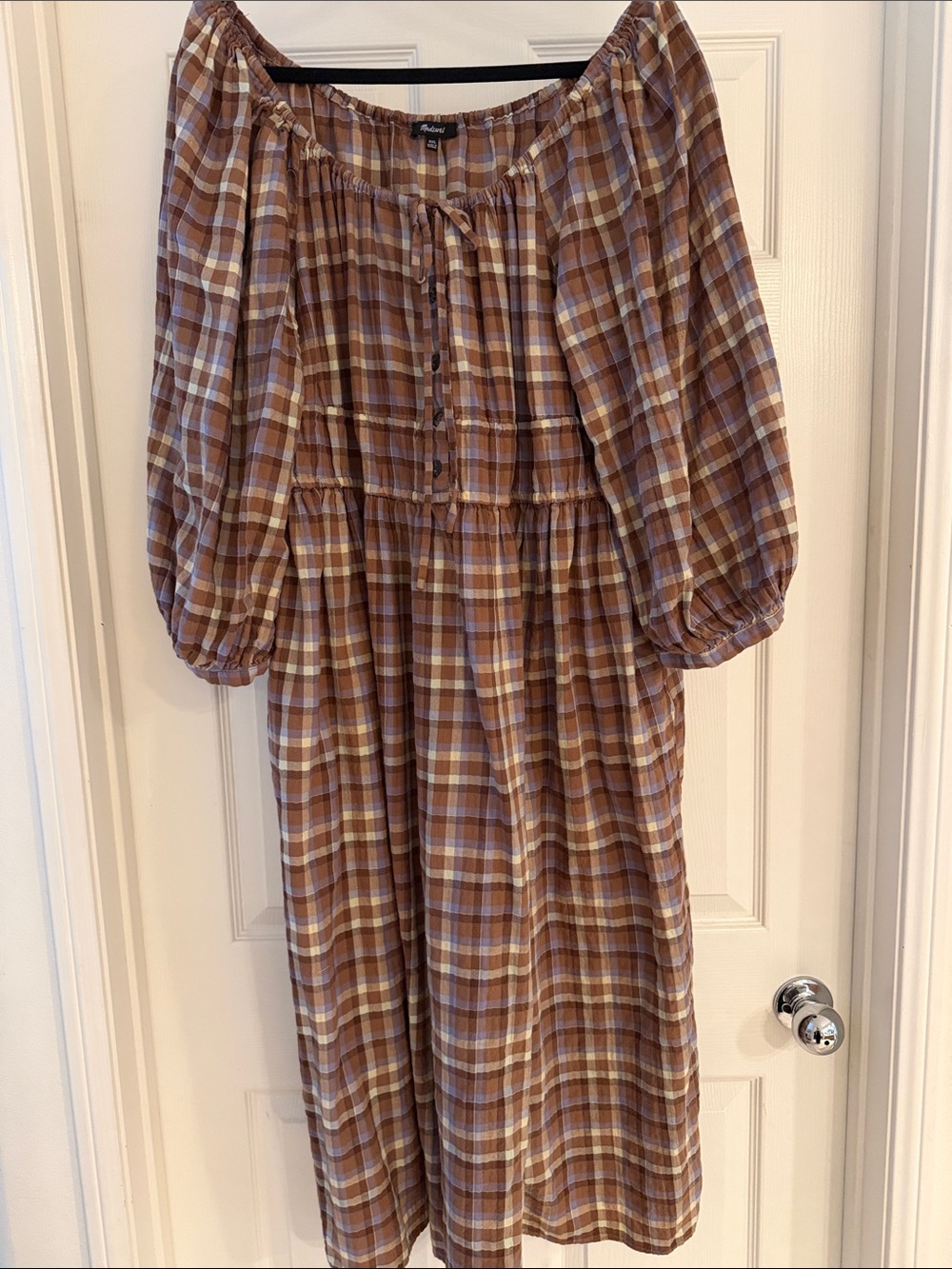 Madewell Plaid Peasant Midi Dress in Brown and Cream